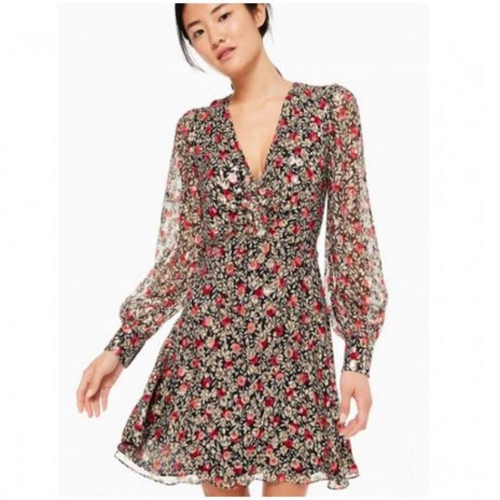 Kate spade ♠️ Silk dress with silver tinsel and red flowers size 2